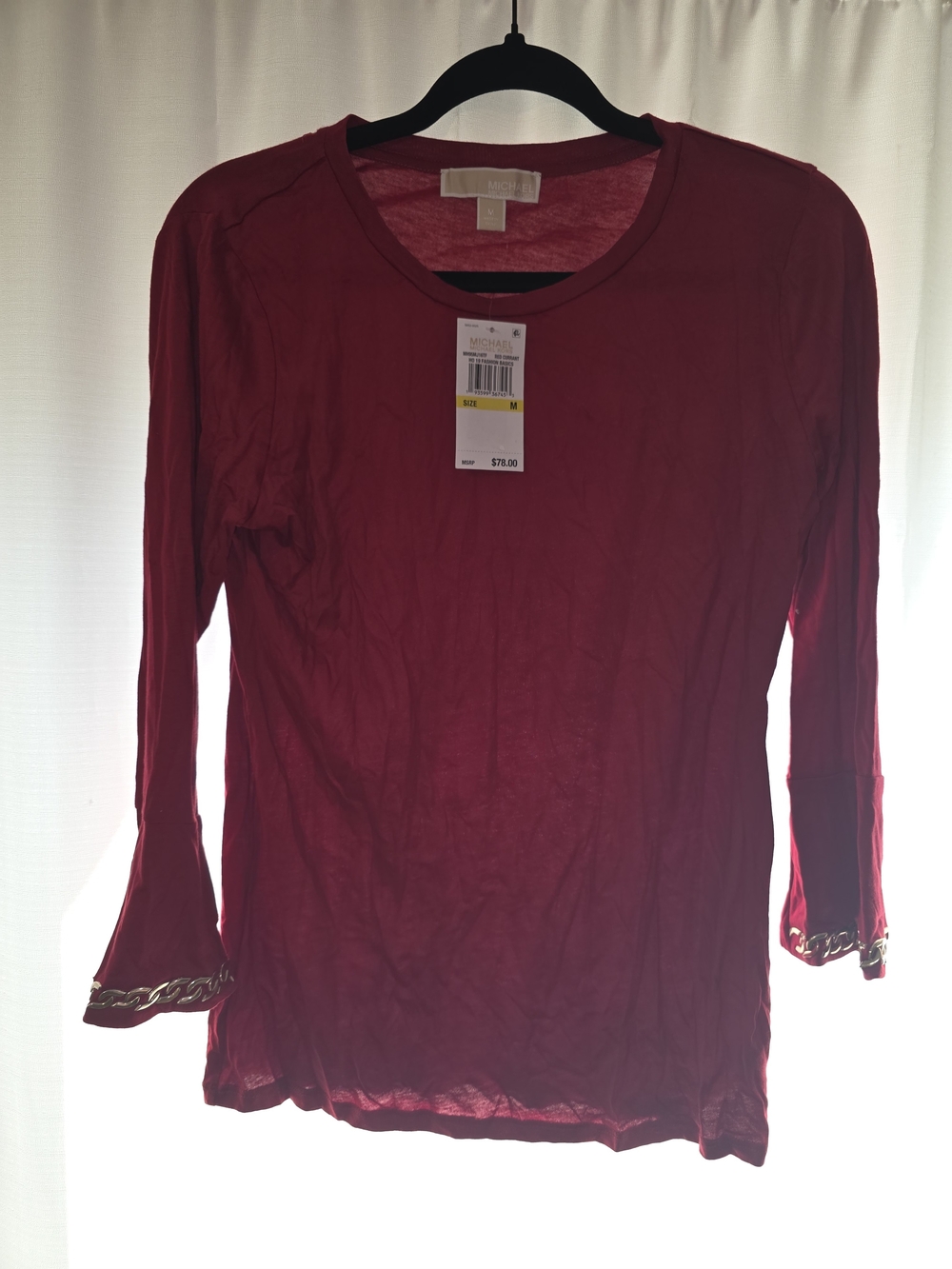 Michael Kors Crimson Long Sleeve Tee with Chain Trim